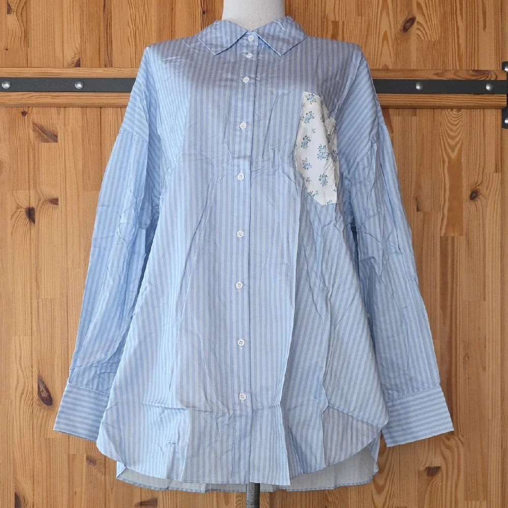 NWT FOR LOVE AND LEMONS TAMREN BLUE STRIPE BUTTON UP SHIRT TOP #4 SIZE S - Picture 3 of 7